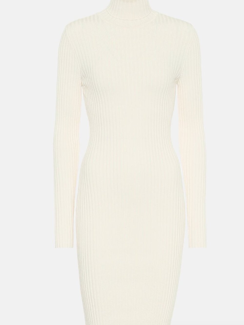 Small Ecru Wide Rib Knit Fitted Pencil Dress Knee Length Mock Neck Minimalism